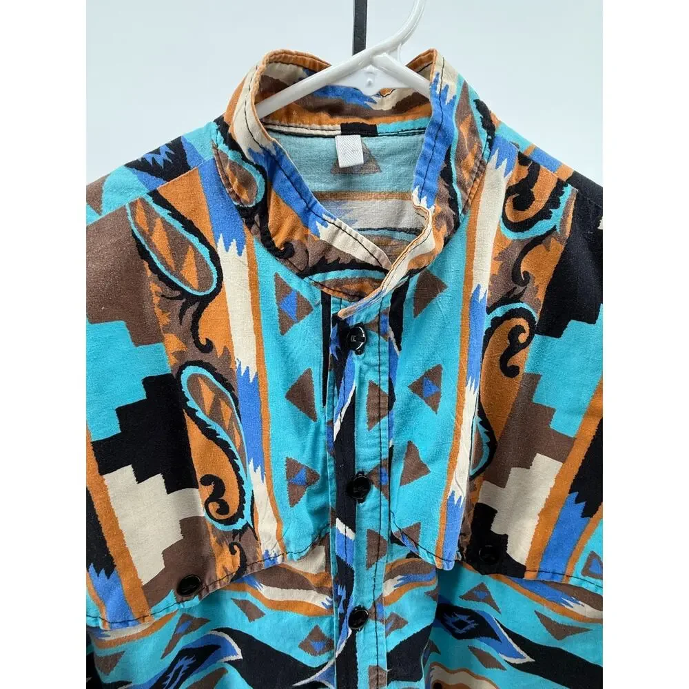 Cowboy Western Rodeo Aztec Shirt Ranch Button Up Bold Print Stand Collar Large - Picture 6 of 8